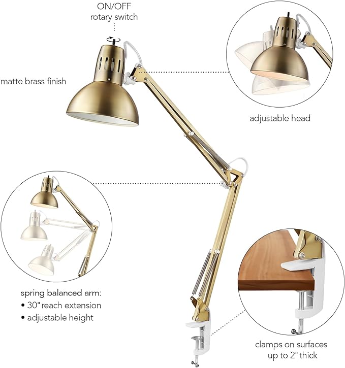 Globe Electric 62000010 32" Multi-Joint Desk Lamp with Metal Clamp, Matte Brass, White Accents, On/Off Rotary Switch on Shade, Partially Adjustable Swing Arm, Home Décor, Office Accessory - LeafyLoom