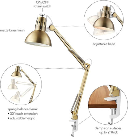 Globe Electric 62000010 32" Multi-Joint Desk Lamp with Metal Clamp, Matte Brass, White Accents, On/Off Rotary Switch on Shade, Partially Adjustable Swing Arm, Home Décor, Office Accessory - LeafyLoom