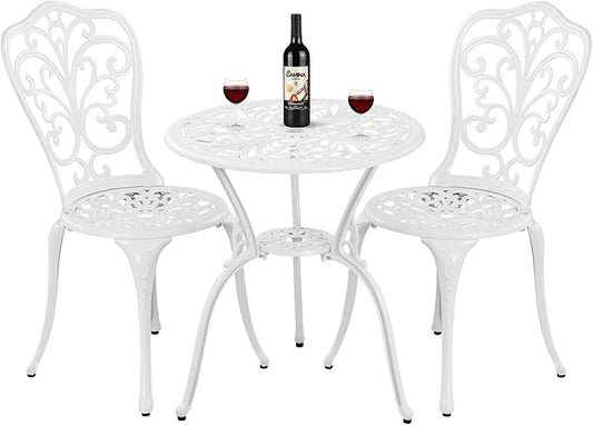 Bistro Set 3 Piece Outdoor Cast Aluminum Patio Bistro Set with Umbrella Hole, All Weather Bistro Table and Chairs Set, Small Patio Furniture Set for Garden, Porch,White - LeafyLoom