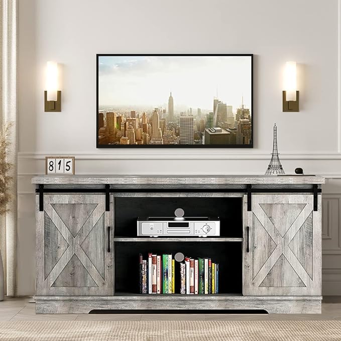 IDEALHOUSE TV Stand Farmhouse Entertainment Center for 65 Inch TV & Media Furniture, Rustic TV Stands with Storage and Barn Doors TV Console Table Under TV Cabinet for Living Room, Rustic Grey - LeafyLoom