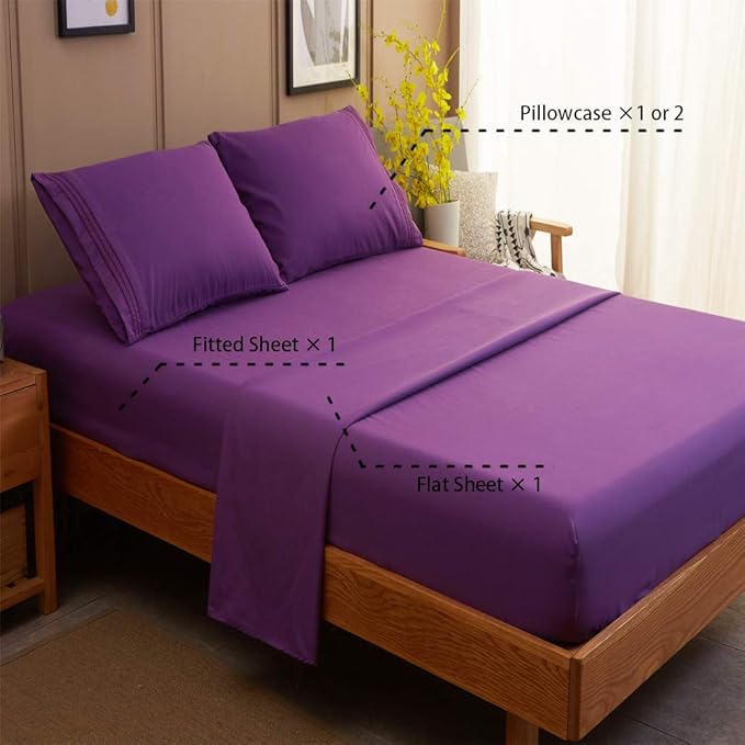 SONORO KATE Sheets Super Soft Microfiber 1800 Thread Count 18 Inch Deep Pocket 4 Piece Queen Size Purple - LeafyLoom