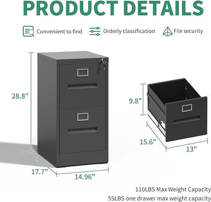 2 Drawer File Cabinet,Metal Filing Cabinets with Lock,Black Vertical File Cabinet for Home Office,Heavy Duty Metal Storage Cabinet for A4/Letter/Legal Size File,Assembly Required - LeafyLoom