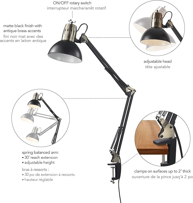 Globe Electric 62000009 32" Multi-Joint Desk Lamp with Metal Clamp, Matte Black, Antique Brass Accents, On/Off Rotary Switch on Shade, Partially Adjustable Swing Arm, Home Décor, Office Accessory - LeafyLoom