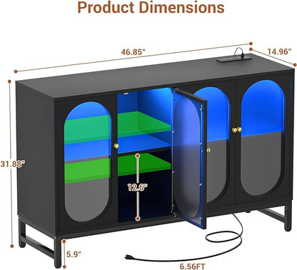 Aheaplus Sideboard Buffet Cabinet with Power Outlet, Kitchen Sideboard Storage Cabinet with LED Light, 4 Doors, Modern Accent Cabinet Coffee Bar Cabinet Console Table for Kitchen Dining Room, Black - LeafyLoom