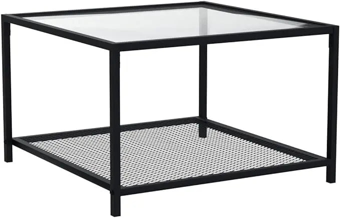 SAYGOER Coffee Table with Storage Modern Glass Coffee Tables Square Industrial Simple Center Table for Living Room Home Office Small Space 27.6 x 27.6 x 17.7 Inches Easy Assembly Gray Black - LeafyLoom