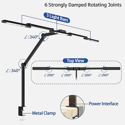 Transformable LED Desk Lamp, 41.5" Large Architect Desk Lamp with Clamp, 3 Light Bars Desk Light for Home Office, 24W Auto Dimming Office Lighting Table Light for L Shaped Desk - LeafyLoom