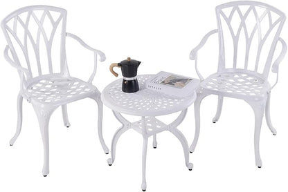 Jardin DE CENTENNAIL 3-Piece Outdoor Bistro Set Cast Aluminum Rust-Resistant Patio Furniture Armchairs Design (White) - LeafyLoom