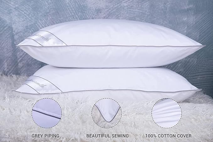 King Size Goose Feather Down Bed Pillow 2 Pack for Sleeping 100% Cotton Cover Medium Firm Set of 2 King Size Gussted White - LeafyLoom