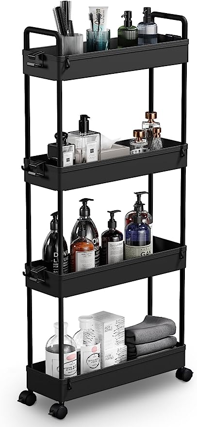 SOLEJAZZ Slim Storage Cart, 4 Tier Bathroom Organizer Mobile Shelving Unit, Rolling Utility Cart Slide Out Organizer for Kitchen, Bathroom, Laundry, Narrow Places, Black - LeafyLoom