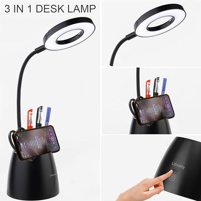 Desk Lamp, Desk Lamps for Home Office, Touchable, Remote Controlled, Dimmable, 3 Color Modes, Gooseneck, Black Table Light for Bedrooms, Led Desk Light, Small Office Lamp, Dorm Room Essentials - LeafyLoom