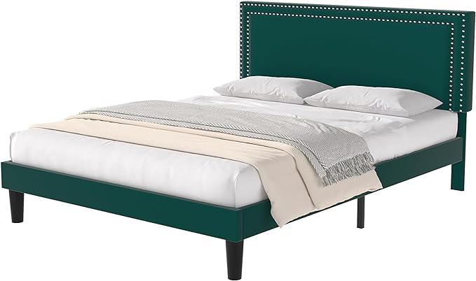 VECELO Full Size Platform Bed Frame with Height Adjustable Upholstered Headboard, Modern Mattress Foundation,Strong Wood Slat Support, No Box Spring Needed, Easy Assembly - LeafyLoom