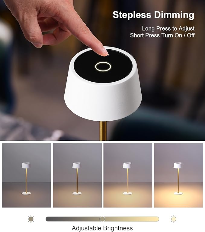 DAWALIGHT Cordless Lamp 4000mAh Rechargeable tbale lamp LED Desk Lamp Stepless Dimming White and Gold Battery Operated Portable Cordless 2700K White Base - LeafyLoom