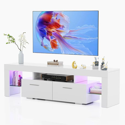 HOUAGI LED TV Stand for 50/55/60/65/70 Inch TVs,Modern Entertainment Center with Storage Drawer and Glass shelf, TV Console Table for Living room,Bedroom,White - LeafyLoom