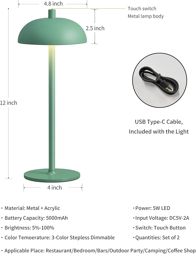 Cordless LED Table Lamp Set of 2, Modern Portable Desk Lamp, 3 Color Stepless Dimming Built-in Rechargeable Battery Lights, for Bedroom, Patio, Outdoor, Restaurant, Bedside Night Lamp(Green) - LeafyLoom