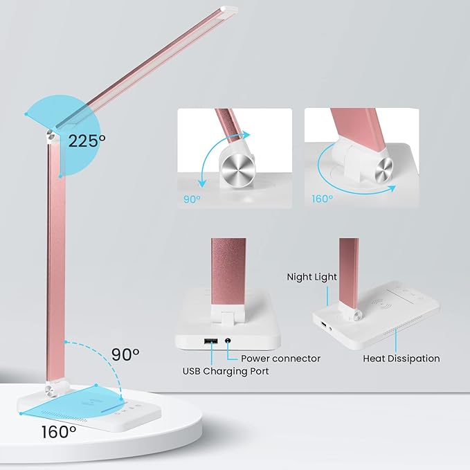 LED Desk Lamp with Night Light, Fast Wireless Charger, USB Charging Port, 10 Brightness, 5 Color Modes, Dimmable Bedside Table Lamp for Bedroom, Touch Control, Auto Timer, 1200Lux Super Bright - LeafyLoom
