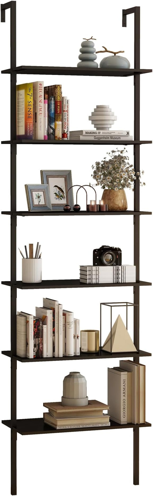 Panana 6 Tier Tall Modern Bookshelf, Industrial Ladder Shelf Open Space Wall Mount Bookshelf with Metal Frame Sturdy Bookcase for Living Room (Black, 6-Tier) - LeafyLoom