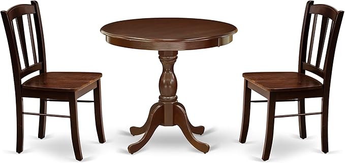 East West Furniture Antique 3 Piece Kitchen Set for Small Spaces Contains a Round Table with Pedestal and 2 Dining Room Chairs, 36x36 Inch, Mahogany - LeafyLoom