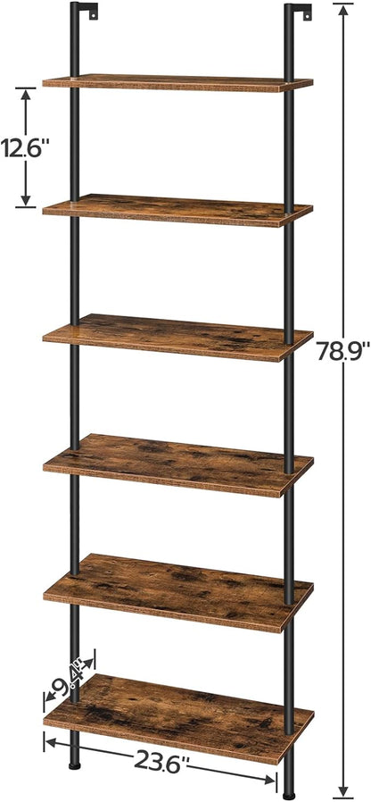 HOOBRO DIY Ladder Shelf, 6-Tier Wall Mounted Bookshelf, Office Vertical Bookcase, Wooden Storage Shelves for Home Office, Bedroom, Rustic Brown and Black BF65CJ01 - LeafyLoom