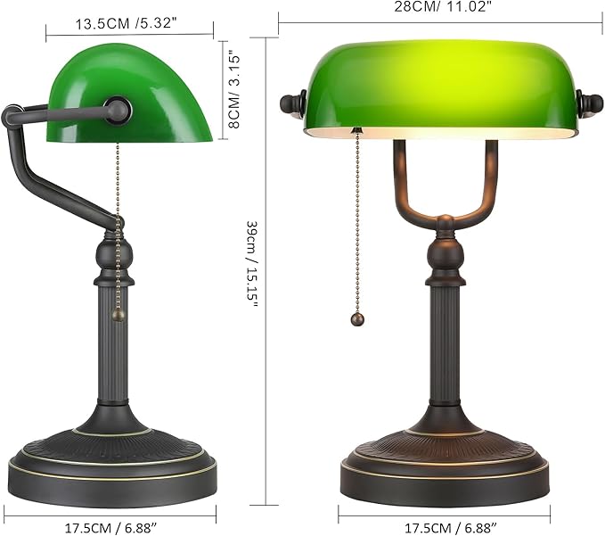 Newrays Antique Green Glass Bankers Desk Lamp with Pull Chain Switch Plug in Fixture - LeafyLoom