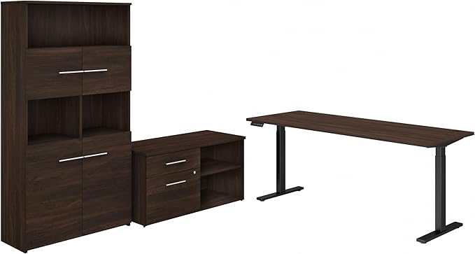 Bush Business Furniture Office 500 Height Adjustable Standing Desk with Storage and Bookcase, 72W, Black Walnut - LeafyLoom