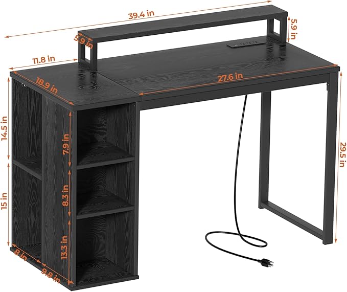 Small Computer Desk with LED Lights 39.4 inch Gaming Desk with Power Outlets and Storage Shelves, Home Office Desk with Monitor Stand for Bedroom, Workstation, Black - LeafyLoom