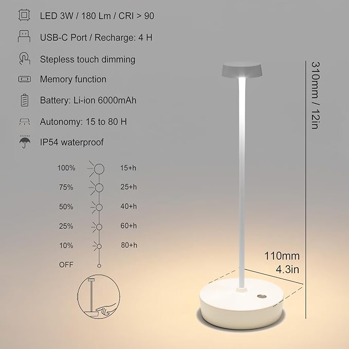 2 Pack Cordless Table Lamp Rechargeable Outdoor Waterproof Portable Battery Operated LED Table Light - for Home Restaurant Desk Bar Patio Kitchen Dinning Party (White) - LeafyLoom