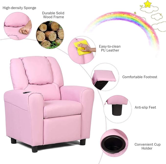 ARLIME Kids Recliner chair, toddler Armchair Upholstered Couch with Cup Holder, Backrest, baby Leather sofa with Headrest and Footrest, Child Furniture for Ages 2-7(Pink) - LeafyLoom