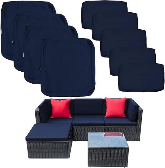 ClawsCover 9 Pack Outdoor Seat and Back Cushion Replacement Covers Fit for 5 Pieces 4-Seater Wicker Rattan Furniture Patio Conversation Set Sectional Couch,Navy-Include Cover Only(Small) - LeafyLoom