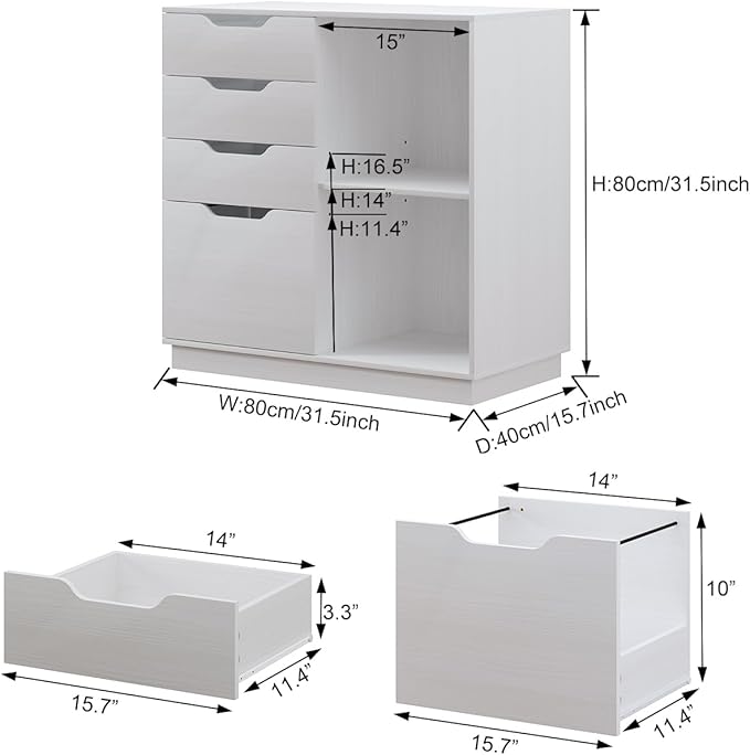 4 Drawers Lateral File Cabinets, Wood Filing Cabinet, Printer Stand with Open Storage Shelves for Home Office, 6 Compartments, White - LeafyLoom