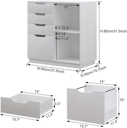 4 Drawers Lateral File Cabinets, Wood Filing Cabinet, Printer Stand with Open Storage Shelves for Home Office, 6 Compartments, White - LeafyLoom