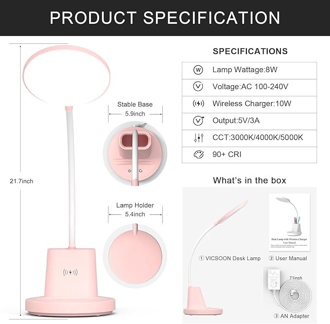 LED Desk Lamp with Wireless Charger for Home Office, Small with Pen Holder, 800LM,3 Color Modes,Gooseneck, Eye-Caring White Desk Lamps for Home College Dorm Room,Pink - LeafyLoom