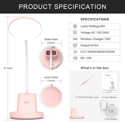 LED Desk Lamp with Wireless Charger for Home Office, Small with Pen Holder, 800LM,3 Color Modes,Gooseneck, Eye-Caring White Desk Lamps for Home College Dorm Room,Pink - LeafyLoom