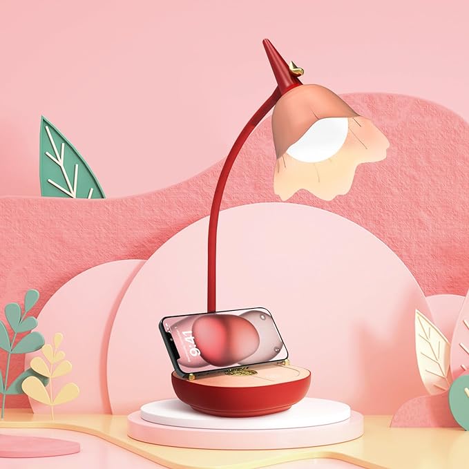 tekstap Desk Lamp Cute, Pink Lamp with Gooseneck, 2000mAh 3 Modes Dimmable Flower Desk Lamp, Rechargeable Eye-Caring LED Aesthetic Desk Lamp for Kids, Bedroom, Reading, Gift - LeafyLoom