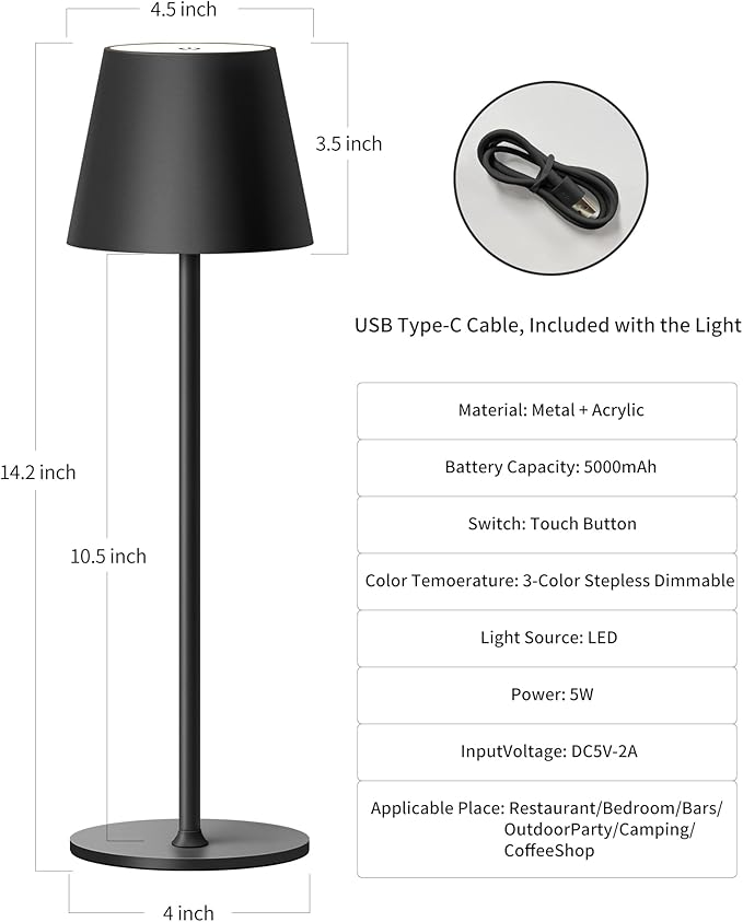 Cordless Rechargeable Table Lamp Set of 2, 5000mAh Battery Powered LED Desk Lamp, 3 Color Stepless Dimming Up, Portable Table Light Lamp for Bedroom Restaurant Outdoor (Black) - LeafyLoom