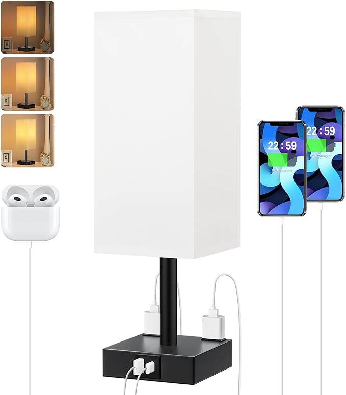 Touch Bedside Table Lamp For Nightstand - 3-Way Dimmable Night Lamp with USB A + Type C Charging Ports and two AC Outlets, Small Desk Light with E26 LED Bulb for Bedroom Living Room ,WHITE BLACK - LeafyLoom