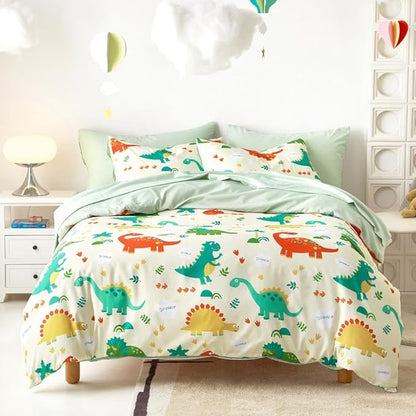 Wake In Cloud - Dinosaur Bedding Set for Boys, Cute Colorful Dinosaur Comforter Set with Sheets, 5 Pieces Kids Bed in a Bag, Cream Green, Twin Size - LeafyLoom