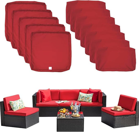 ClawsCover 12 Pack Outdoor Seat and Back Cushions Replacement Covers Fit for 6Pieces 5-Seater Wicker Rattan Patio Furniture Conversation Set Sectional Couch Chairs,Red-Include Cover Only - LeafyLoom