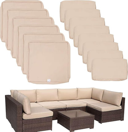 ClawsCover 14Pack Outdoor Patio Seat and Back Cushions Replacement Covers Fit for 7Pieces 6-Seater Wicker Rattan Sectional Couch Chair Furniture Set,Light Khaki-Include Cover Only (Small) - LeafyLoom