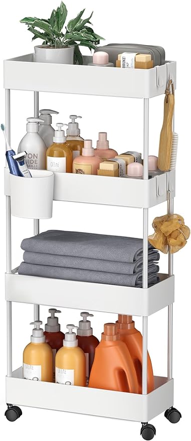 Pipishell Slim Storage Cart with Wheels, 4 Tier Bathroom Storage Organizer Rolling Utility Cart for Bathroom Kitchen Laundry Room Office Narrow Place (White) - LeafyLoom