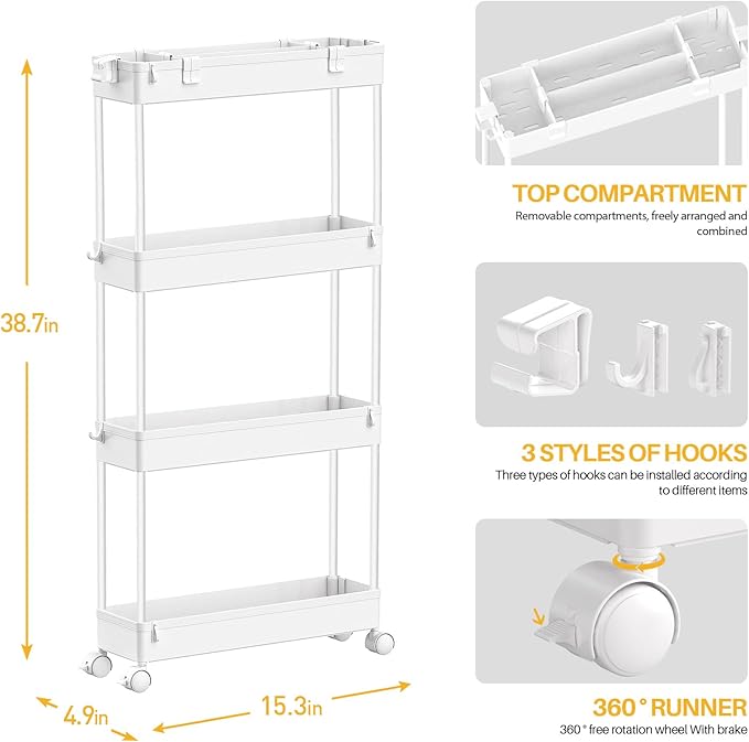 SPACELEAD Slim Storage Cart 4 Tier,Bathroom Storage Organizer Rolling Utility Cart, Mobile Shelving Unit Slide Out Storage Cart for Office, Bathroom, Kitchen, Laundry Room & Narrow Places， White - LeafyLoom