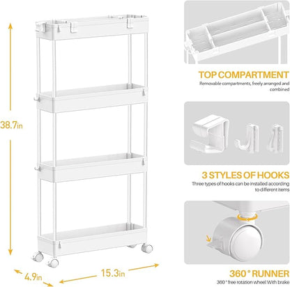 SPACELEAD Slim Storage Cart 4 Tier,Bathroom Storage Organizer Rolling Utility Cart, Mobile Shelving Unit Slide Out Storage Cart for Office, Bathroom, Kitchen, Laundry Room & Narrow Places， White - LeafyLoom