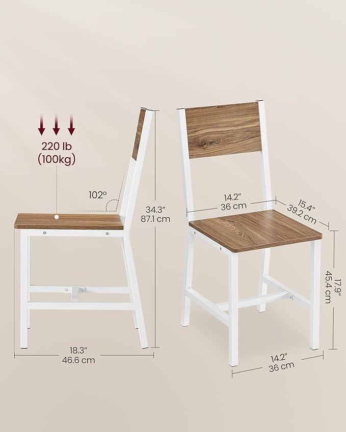 VASAGLE Dining Chair Set of 2, Rustic Wood Chairs with Metal Steel Frame, Easy to Assemble, Comfortable Seat, Modern Farmhouse Chair for Kitchen, Bedroom, Living Room, Wheat Brown and Cloud White - LeafyLoom