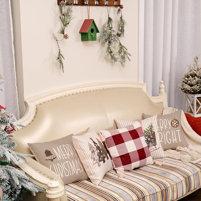 GEEORY Christmas Pillow Covers 20 x 20 Inch Set of 4, Striped Wooden Tree Snow Sleigh Merry Bright Xmas Holiday Decor Decorative Throw Cushion Case Decoration for Home Party Sofa Couch (Brown) GEEORY