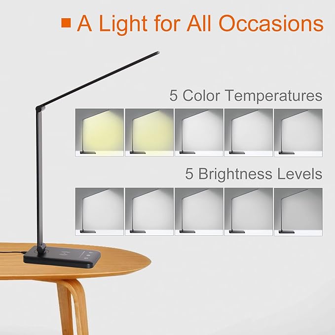 LED Desk Lamp with Wireless Charger,Eye-Caring Table Lamps,Stepless Dimmable Office Lamp with USB Charging Port,Touch/Memory/Timer Function,25 Brightness Lighting,Foldable Lamp - LeafyLoom