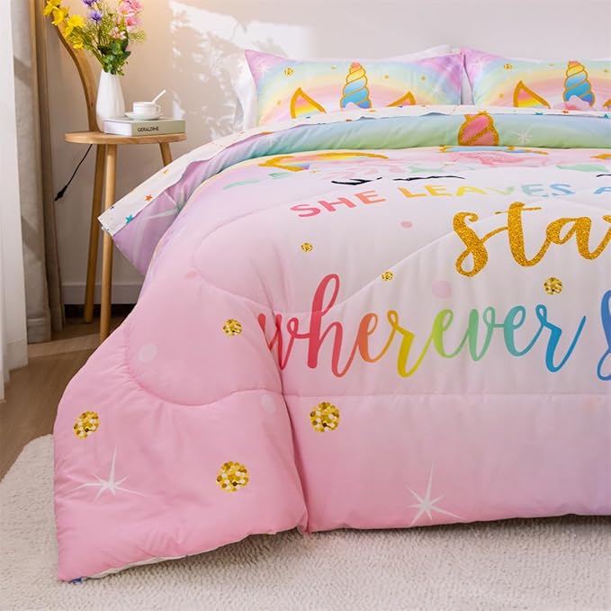 NTBED Unicorn Twin Comforter Set with Sheets,5 Pieces Kids Bedding Sets for Girls, Lightweight Microfiber Star Floral Bed in a Bag, Rainbow - LeafyLoom