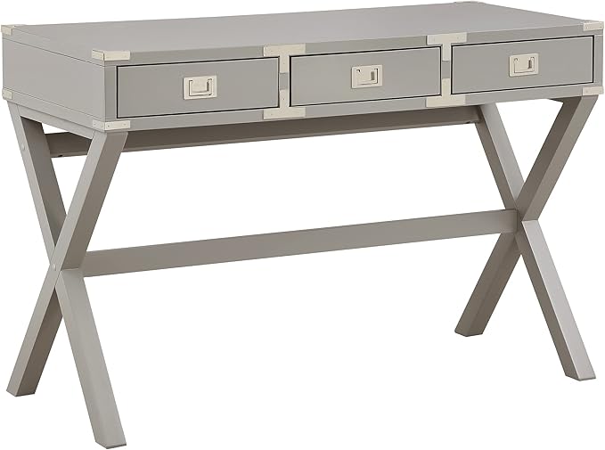 OSP Home Furnishings Wellington 46-Inch Writing Desk with Power Hub and 3 Storage Drawers, Grey - LeafyLoom