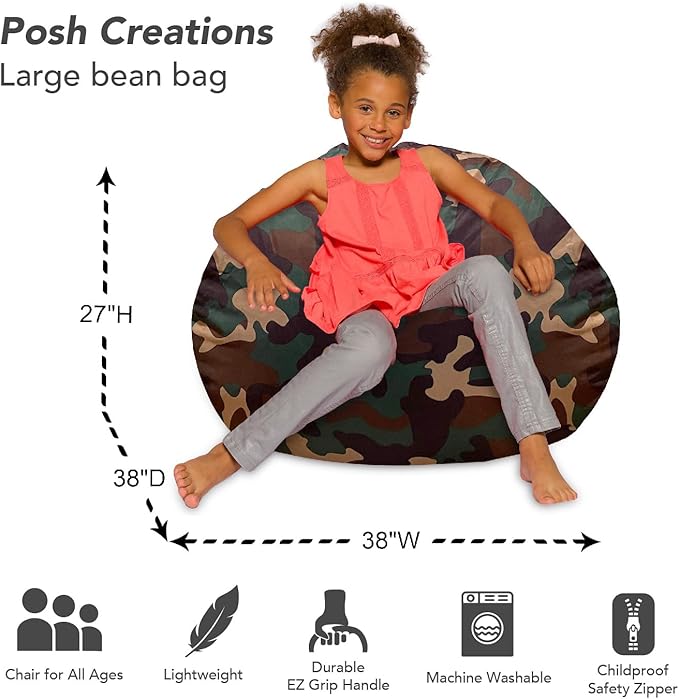 Posh Creations Bean Bag Chair for Kids, Teens, and Adults Includes Removable and Machine Washable Cover, Soft Nylon - Camo Green, 38in - Large - LeafyLoom