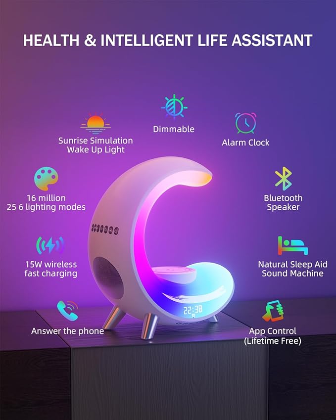 Multifunctional Bluetooth Speaker with Desk Lamp, Table Lamp Ambient Lighting with Wireless Fast Charging, Alarm Clock, Running Lights Table Lamps, Mood lights - LeafyLoom