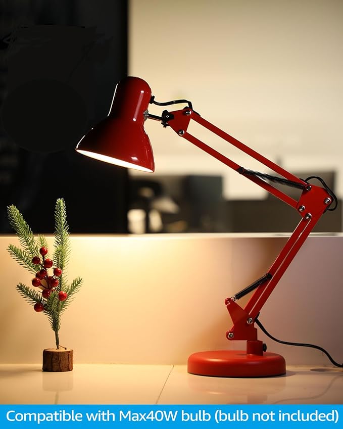 TORCHSTAR Metal Swing Arm Architect Desk Lamp with Clamp, Adjustable Gooseneck Table Lamp, Clip Desk Lights for Home Office, Work, Study, Reading, E26 Base, Multi-Joint, Red - LeafyLoom