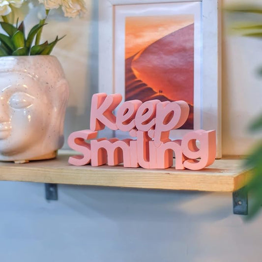 Engineered Wood Keep Smiling Peach Aesthetic Table Decor- Perfect for Home,Office,Desk,Or Shelf. Quirky Room Decoration,Ideal for Birthdays,Corporate Gifts,and Inspirational Wall Decor - LeafyLoom